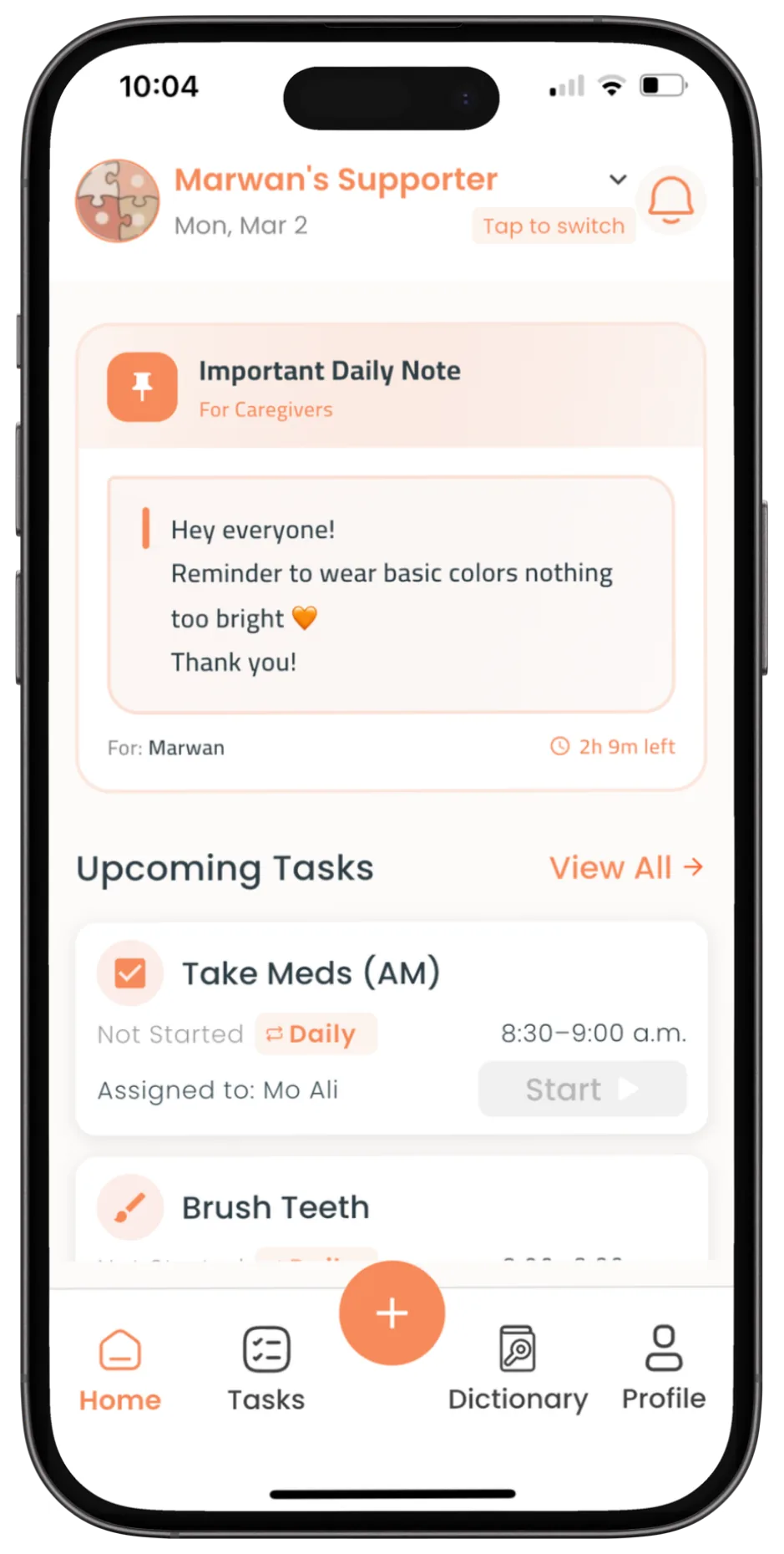 The MORO app showing today's note and upcoming tasks